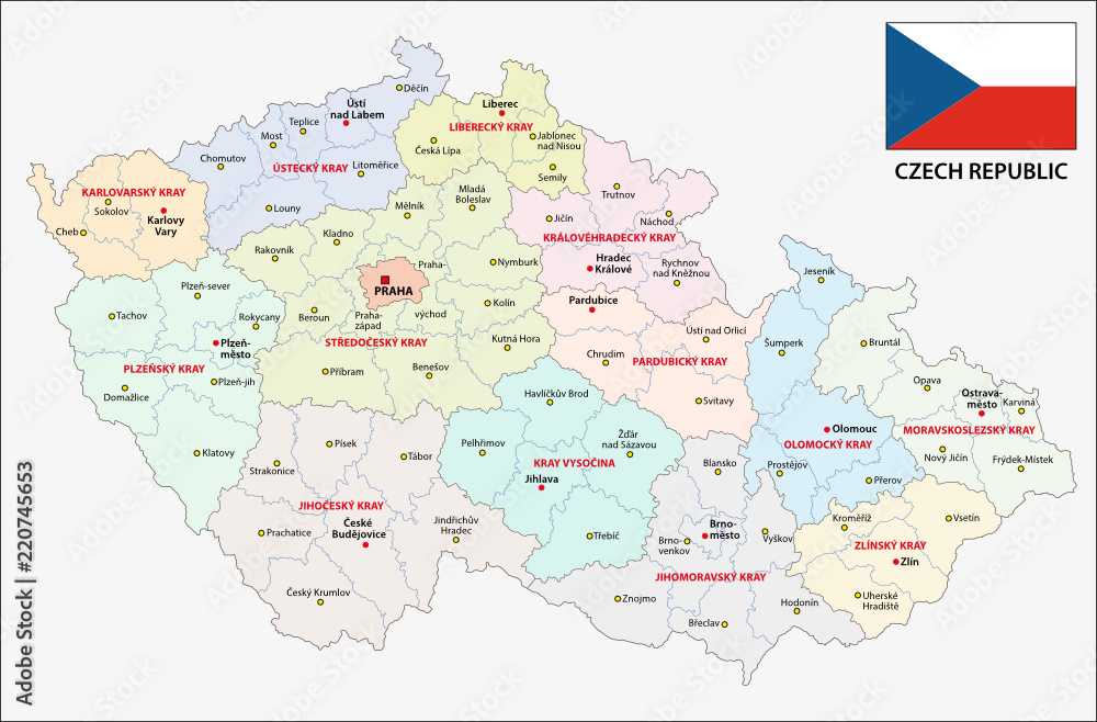 czech republic administrative and political map with flag