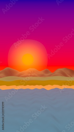 Sun Sea Beach. Sunrise. Ocean shore line with waves on a beach. Island beach paradise with waves. Vacation  summer  relaxation. Seascape  seashore. Minimalist landscape  primitivism. 3D illustration