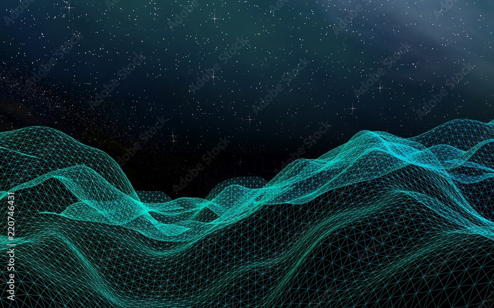 Star horizon. Abstract landscape on a dark background. Cyberspace grid. Hi-tech network. Outer space. Starry outer space texture. 3D illustration Star horizon. Abstract landscape on a dark background. Cyberspace grid. Hi-tech network. Outer space. Starry outer space texture. 3D illustration