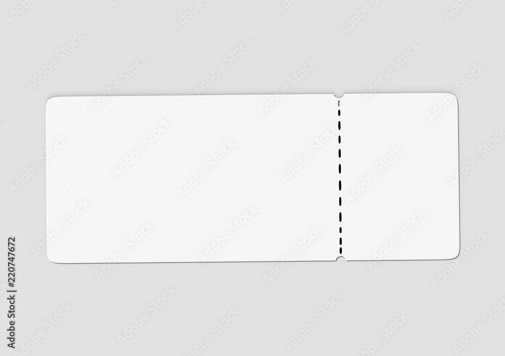 Blank ticket for mock up design or design presentation. 3d render illustration.
