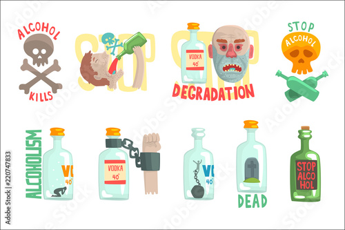 Dangers and risk from alcohol set, alcoholism vector Illustrations