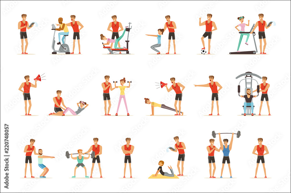 Personal gym coach trainer or instructor set of vector Illustrations