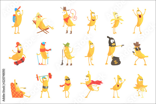 Cute happy humanized bananas in different actions set of vector Illustrations