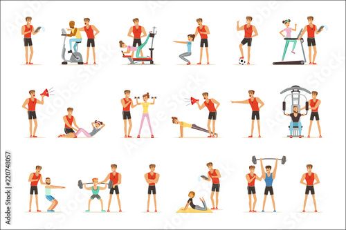 Personal gym coach trainer or instructor set of vector Illustrations