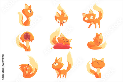 Cute cartoon red kitten character in different actions set of vector Illustrations