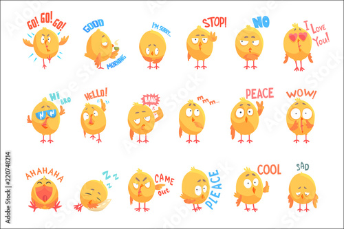 Cute cartoon chickens characters with different emotions and phrases set of vector Illustrations