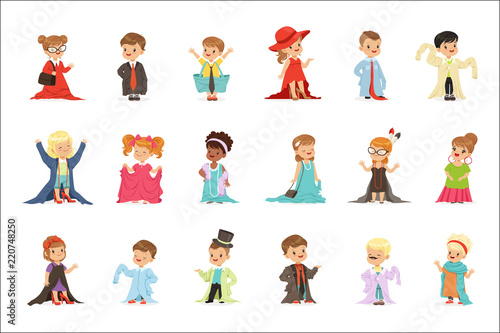 Cute little kids wearing elegant adult oversized clothes set, children pretending to be adults vector Illustrations