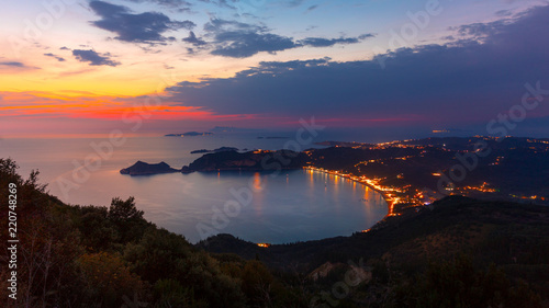 View from the hill to Agios Georgios bay with the long beach at Corfu island Greece