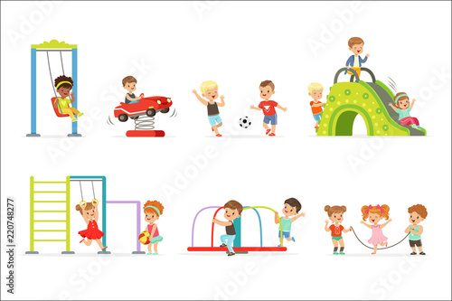 Cute cartoon little kids playing and having fun at the playground set of vector Illustrations © topvectors