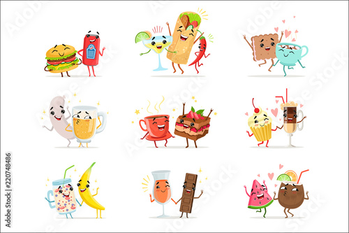 Cute funny food characters having fun vector Illustrations