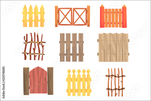 Different garden wooden fences and gates set, rural hedges vector Illustrations