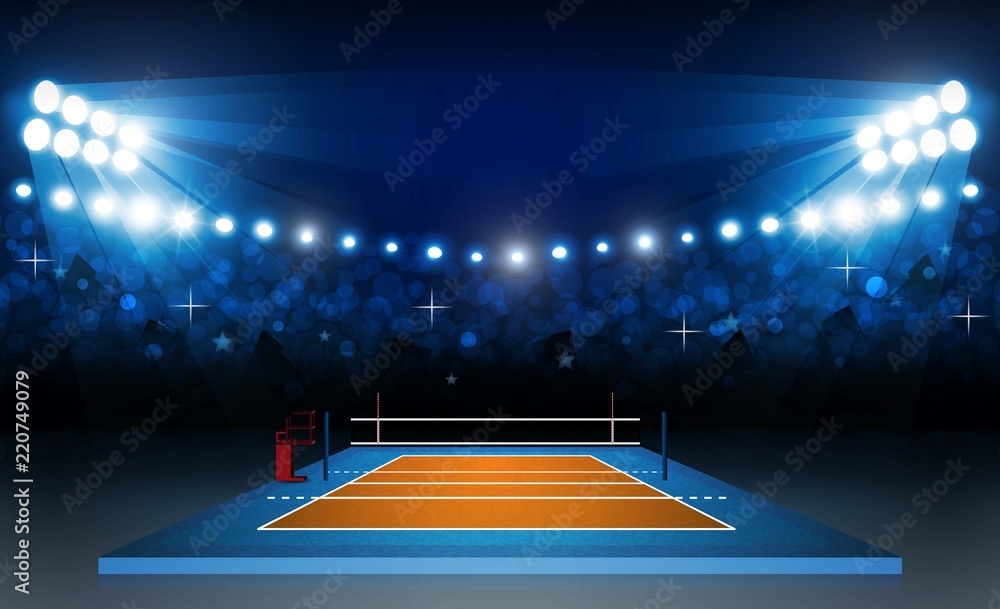Volleyball court arena field with bright stadium lights design. Vector