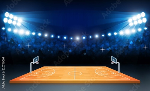 Basketball arena field with bright stadium lights design. Vector illumination