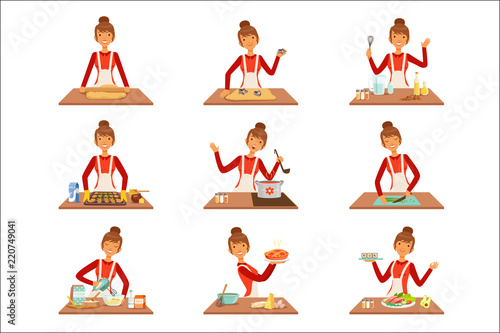 Smiling woman chef cook in white apron baking and preparing a variety of dishes, set of colorful detailed vector Illustrations