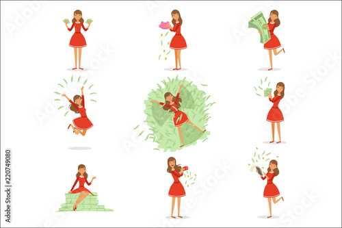Happy young rich woman in a red dress enjoying her money, set of colorful detailed vector Illustrations