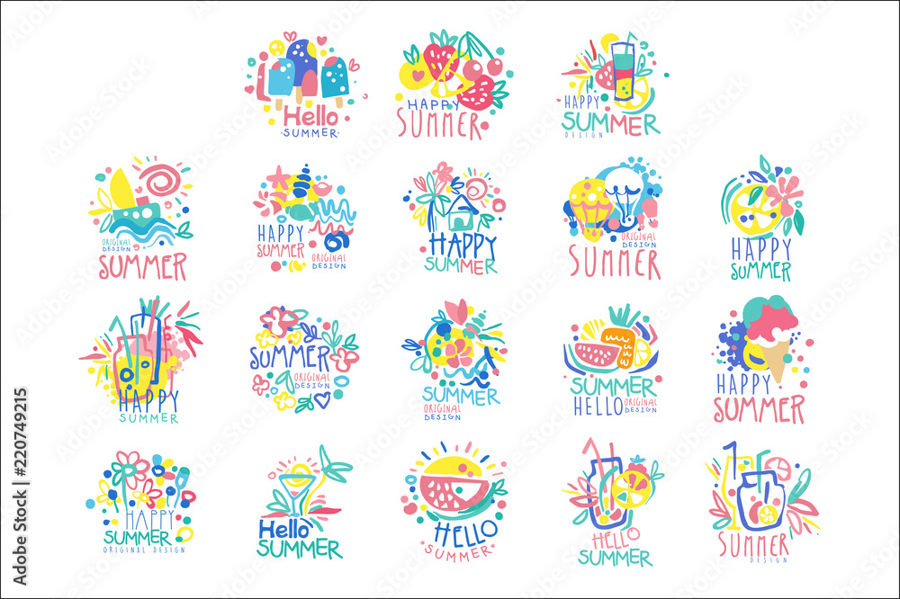 Happy Summer logo template original design set, colorful hand drawn vector Illustrations
