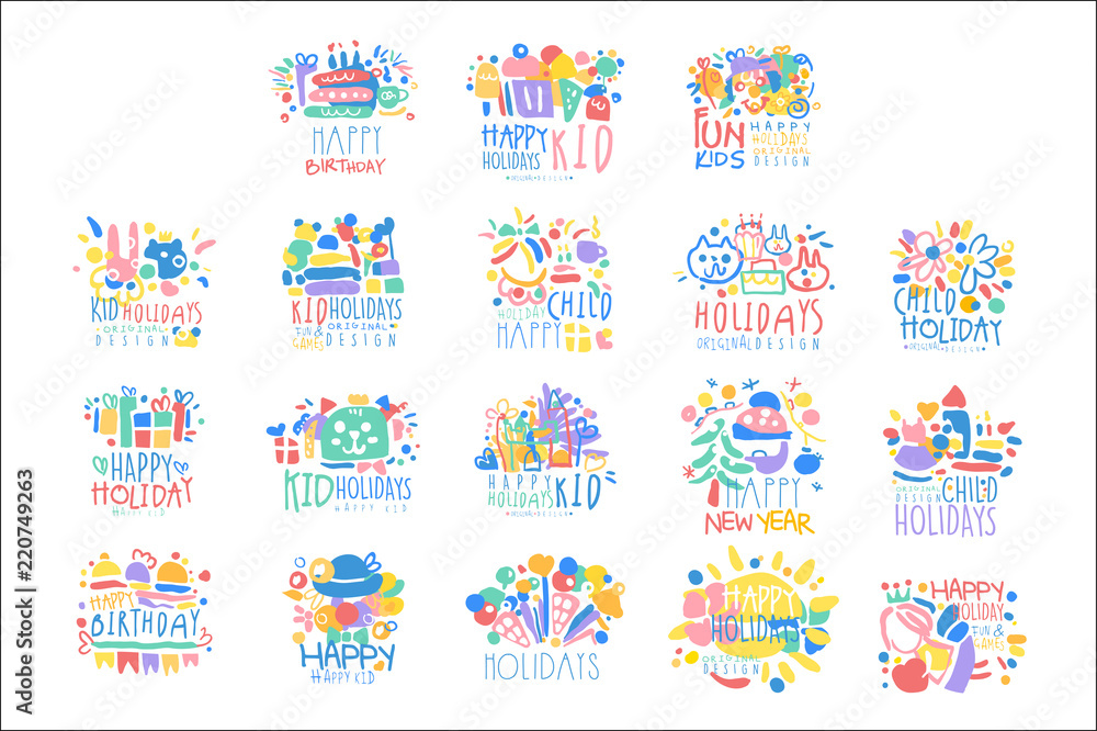 Kid Holidays, Happy Birthday logo template original design set, colorful hand drawn vector Illustrations