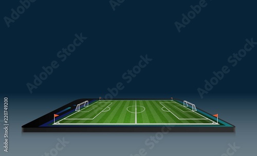Phone on Football arena field with bright stadium lights vector design and information scoreboard. Vector illumination