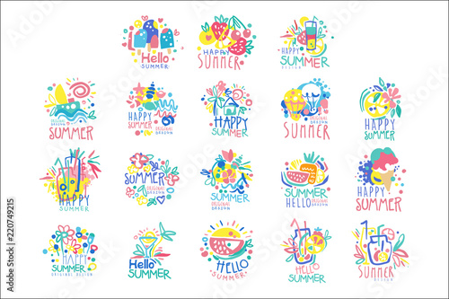 Happy Summer logo template original design set, colorful hand drawn vector Illustrations