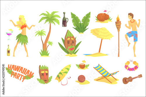 Hawaiian party set, Hawaii symbols vector Illustrations