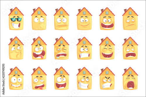 Cute cartoon humanized house with with many expressions set of vector Illustrations