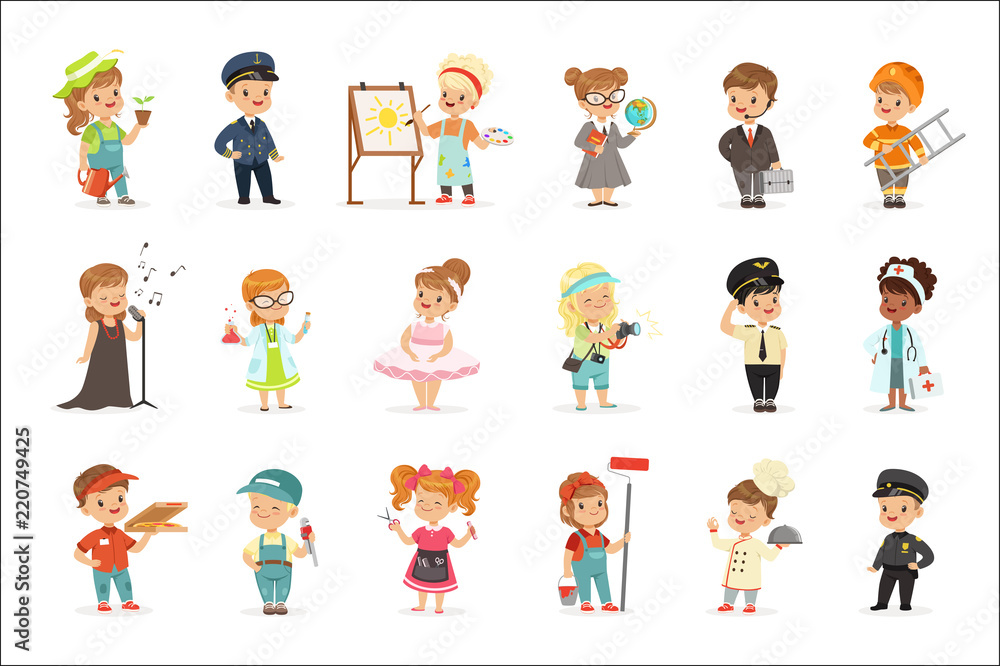 Cute kids in various professions set. Smiling little boys and girls in uniform with professional equipment colorful vector illustrations