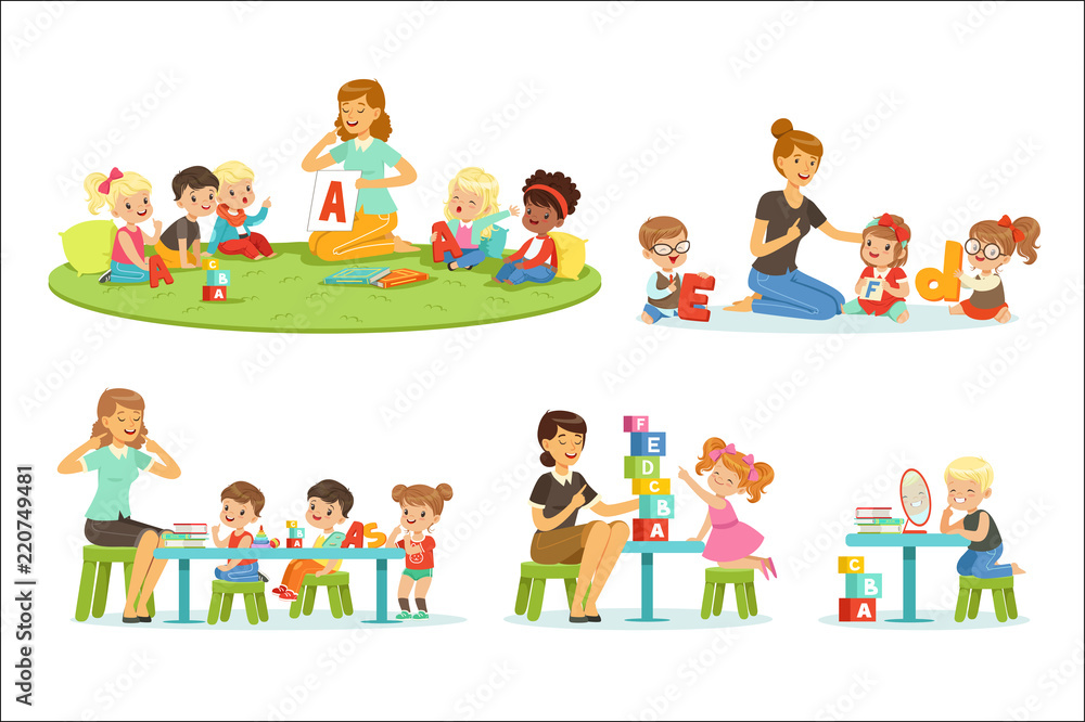 Teacher explaining alphabet to children around her set. Smiling little boys and girls playing and studying in kindergarten vector illustrations