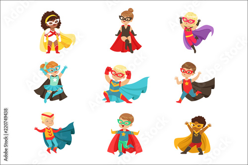Superhero girls and boys set, kids in superhero costumes colorful vector Illustrations
