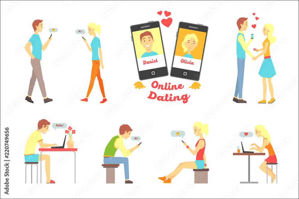 Online dating app, people finding love using dating websites and app on smartphones and computers set of vector Illustrations