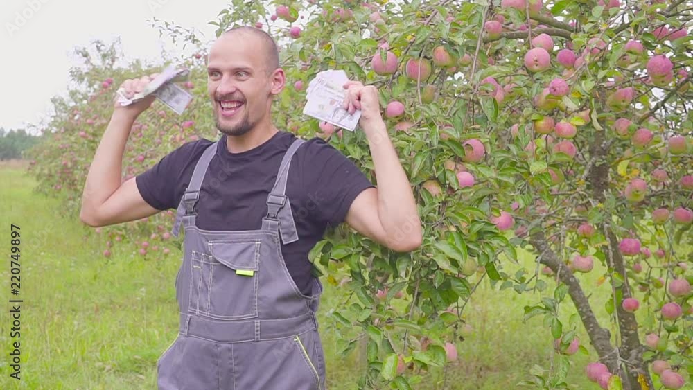 A successful happy young farmer has a lot of money in the apple orchard and dances. The concept of success of business in agriculture. A successful happy young farmer has a lot of money in the apple orchard and dances. The concept of success of business in agriculture.