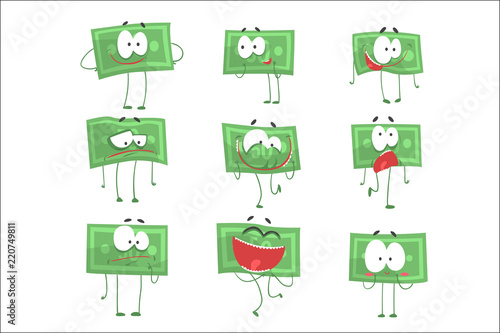 Cute funny humanized banknotes showing different emotions set of colorful characters vector Illustrations