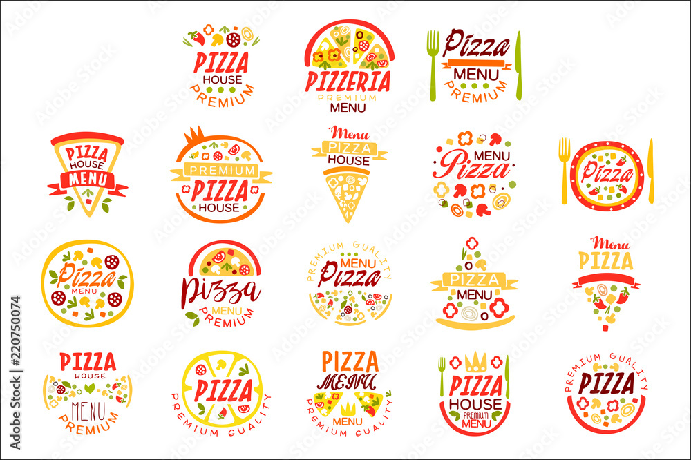 Naklejka premium Pizza house, menu premium quality logo templates set of colorful vector Illustrations