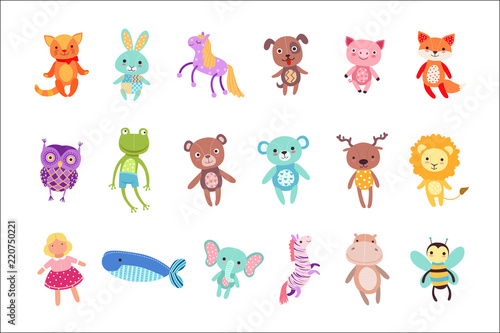 Set of cute colorful soft plush animal toys vector Illustrations