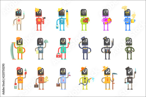 Cute cartoon robots in various professions set of colorful characters vector Illustrations