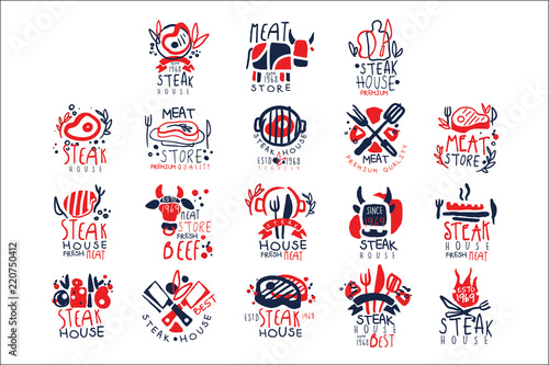 Meat store, steak house logo template set, colorful hand drawn vector Illustrations