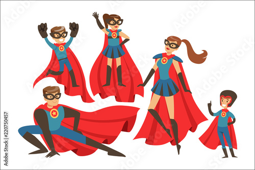 Happy family of superheroes set. Smiling parents and their children dressed as superheroes colorful vector illustrations