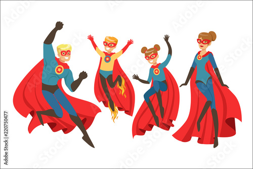 Happy family of superheroes set. Smiling parents and their children dressed as superheroes colorful vector illustrations