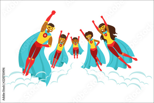Happy family of superheroes set. Smiling parents and their children dressed as superheroes colorful vector illustrations