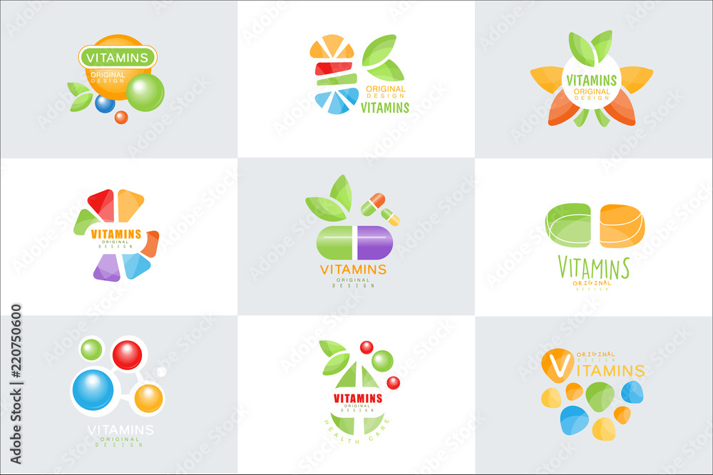 Vitamins logo set original design colorful vector Illustrations
