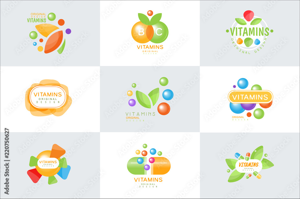 Vitamins logo set of colorful vector Illustrations