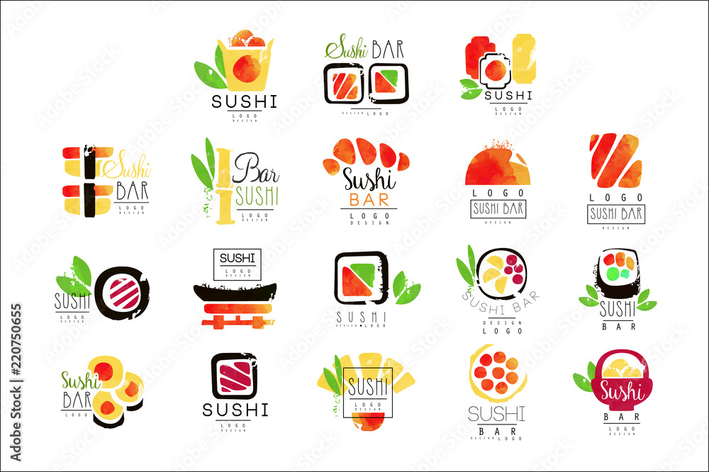 Sushi bar logo design set of colorful watercolor vector Illustrations
