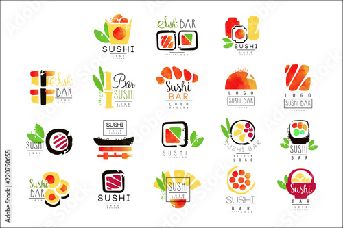 Sushi bar logo design set of colorful watercolor vector Illustrations