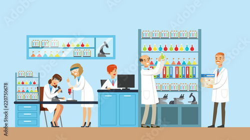 Scientists conducting research in a lab, interior of science laboratory, vector Illustration