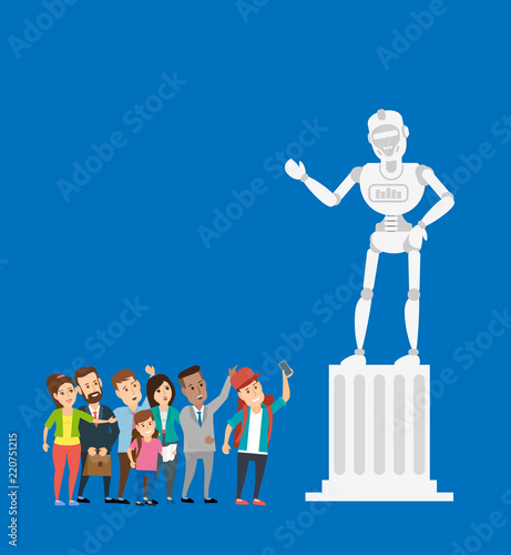 crowd of people look on big robot humanoid statue monument