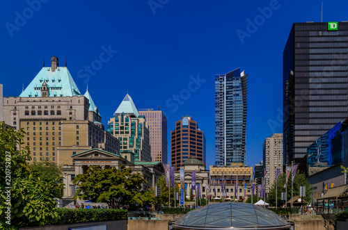 Robson Square skyline with old buildings and modern skyscrapers in downtown Vancouver Canada