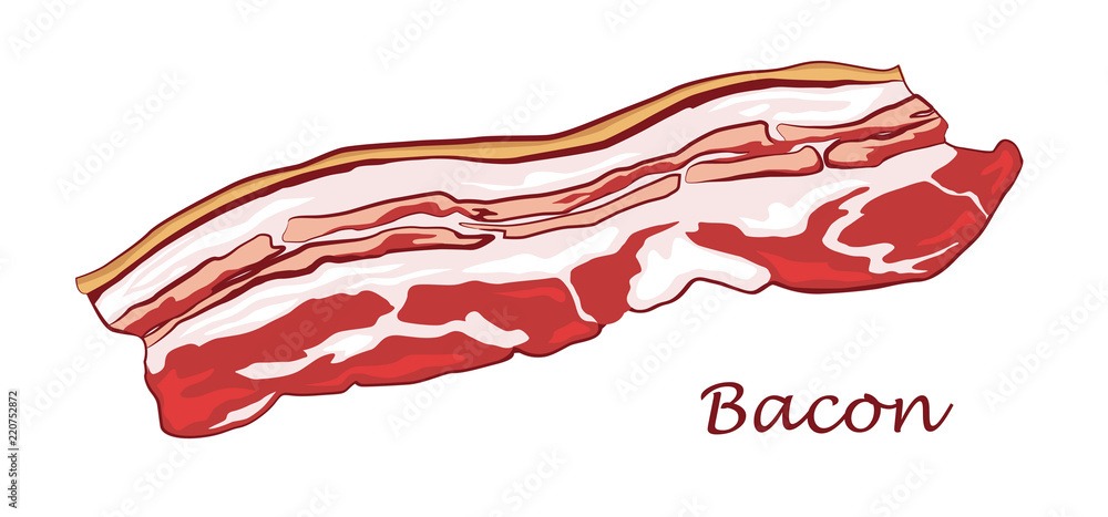 Bacon isolated on white background. Slice of pork. Colored image with contour. Vector illustration. Icon, emblem, logo element. Bacon isolated on white background. Slice of pork. Colored image with contour. Vector illustration. Icon, emblem, logo element.