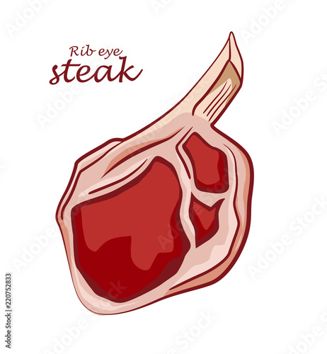 Rib eye steak. Piece of meat isolated on white background. Cut of beef on the bone. Colored image with contour. Vector illustration. Icon, emblem, logo element.