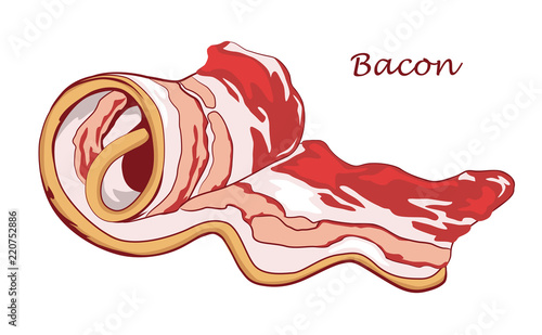 Bacon rolls isolated on white background. Slice of pork. Colored image with contour. Vector illustration. Icon, emblem, logo element.