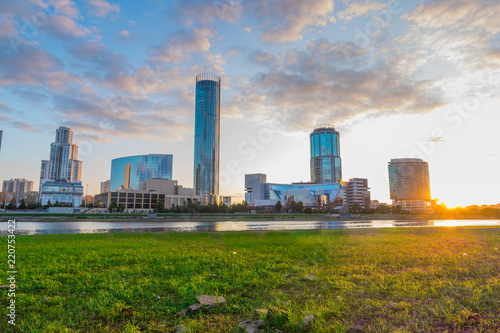 Beautiful colorful cityscape of Yekaterinburg city center at sunset