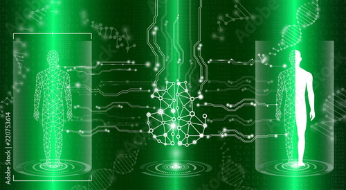 abstract background technology concept in green light,human body heal,technology modern medical science in future and global international medical with tests analysis clone DNA human